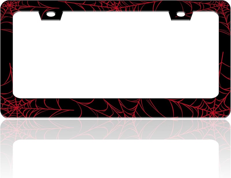 TINALUIN Red Spider Web License Plate Frame Funny Cobweb Stainless Steel License Plate Holder for Front or Rear Car Tags for Car Decoration Accessories with Screws 6.3 X 12.2 in for Women Men - Image 1